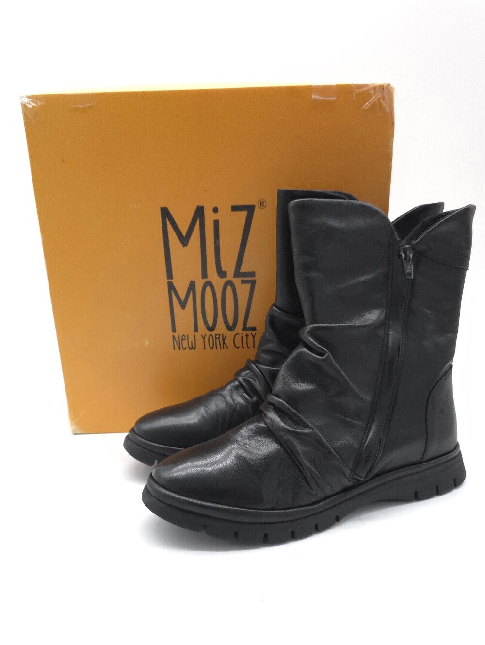 Miz Mooz Delena-Wide Black Leather Mid-Calf Zip Boots Wide Calf EU 37 6.5-7
